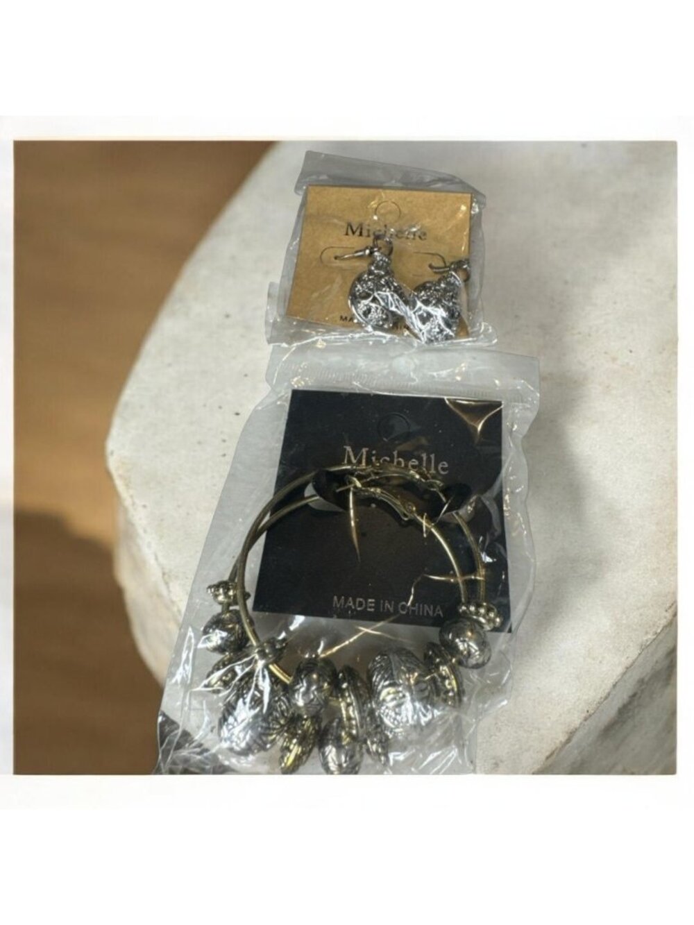Michelle Silver-Tone Dangle Earrings & Bangles Earrings with Textured Bead Detai